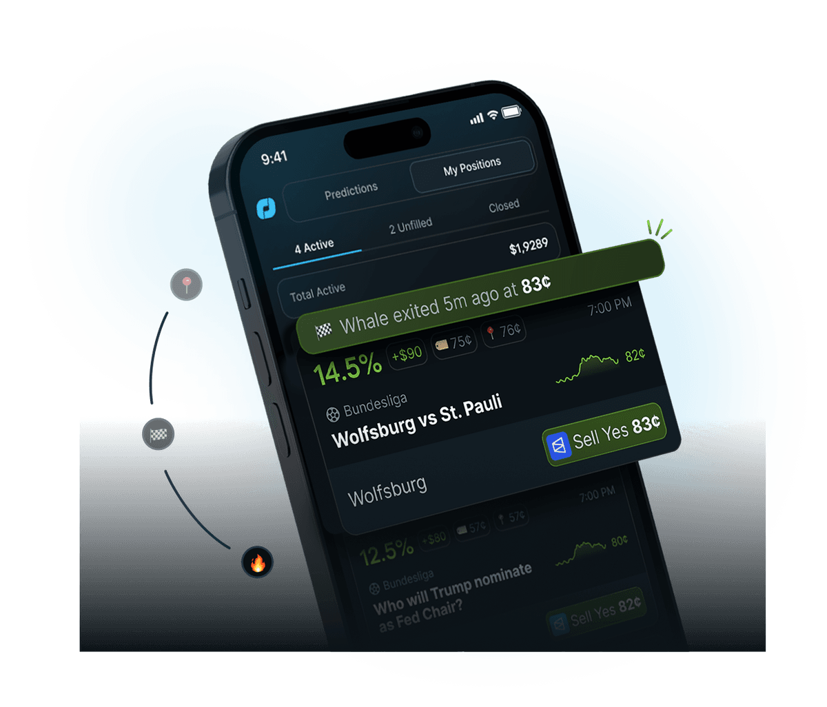 Prediction Insiders app showing exit signals and profit tracking