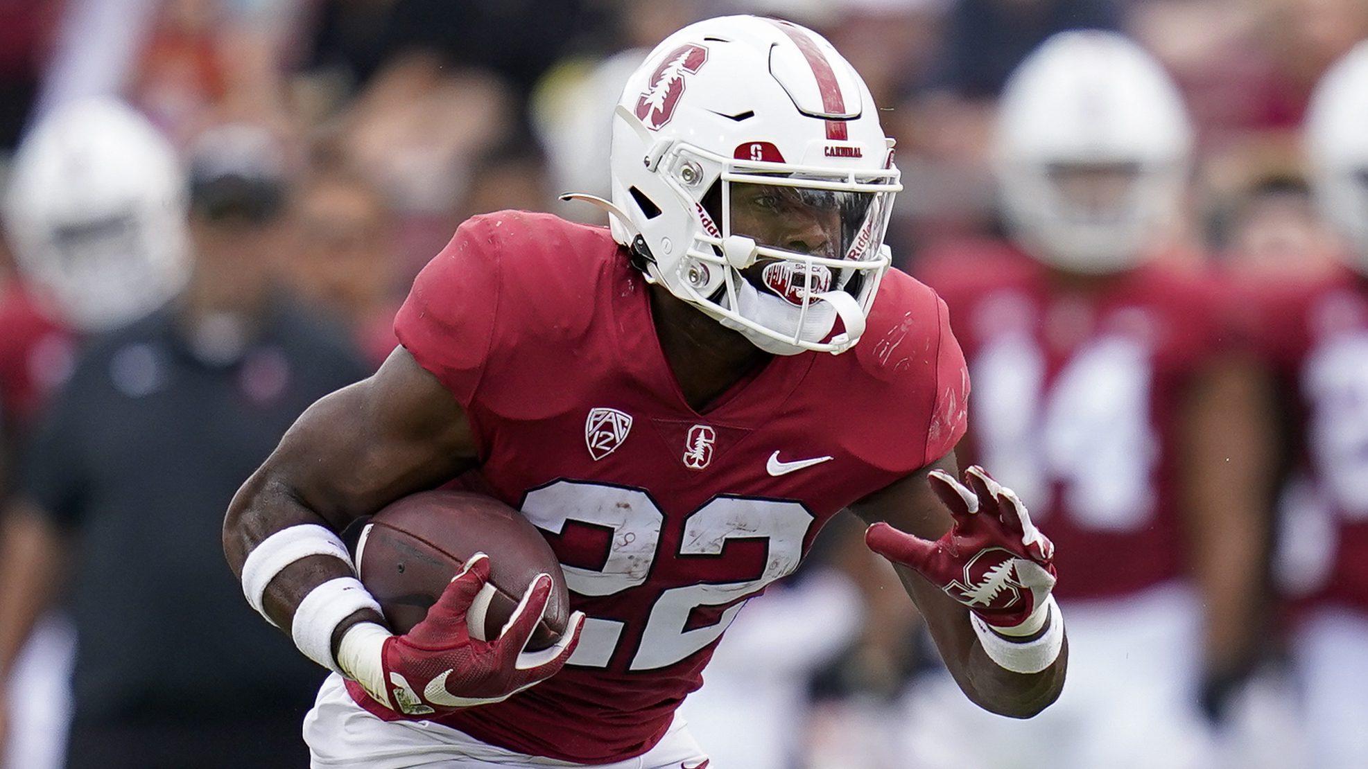 <p>Stanford running back E.J. Smith (22) runs the ball against Southern California during the first half of an NCAA college football game in Stanford, Calif., Saturday, Sept. 10, 2022. (AP Photo/Godofredo A. Vásquez)</p>
